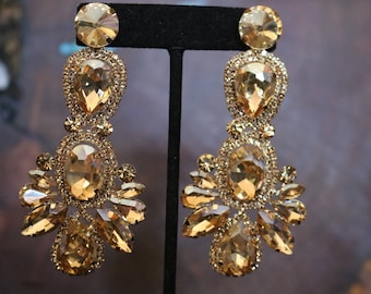 statement gold rhinestone earrings, large gold earrings, gold pageant earrings, extra long gold crystal earrings, gold crystal earrings