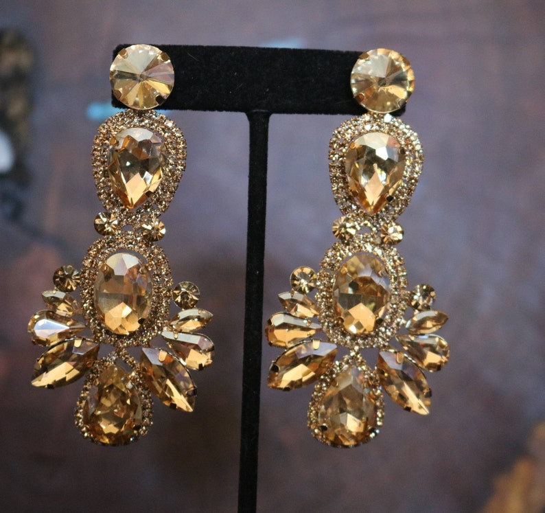 Statement Gold Rhinestone Earrings Large Gold Earrings Gold Etsy