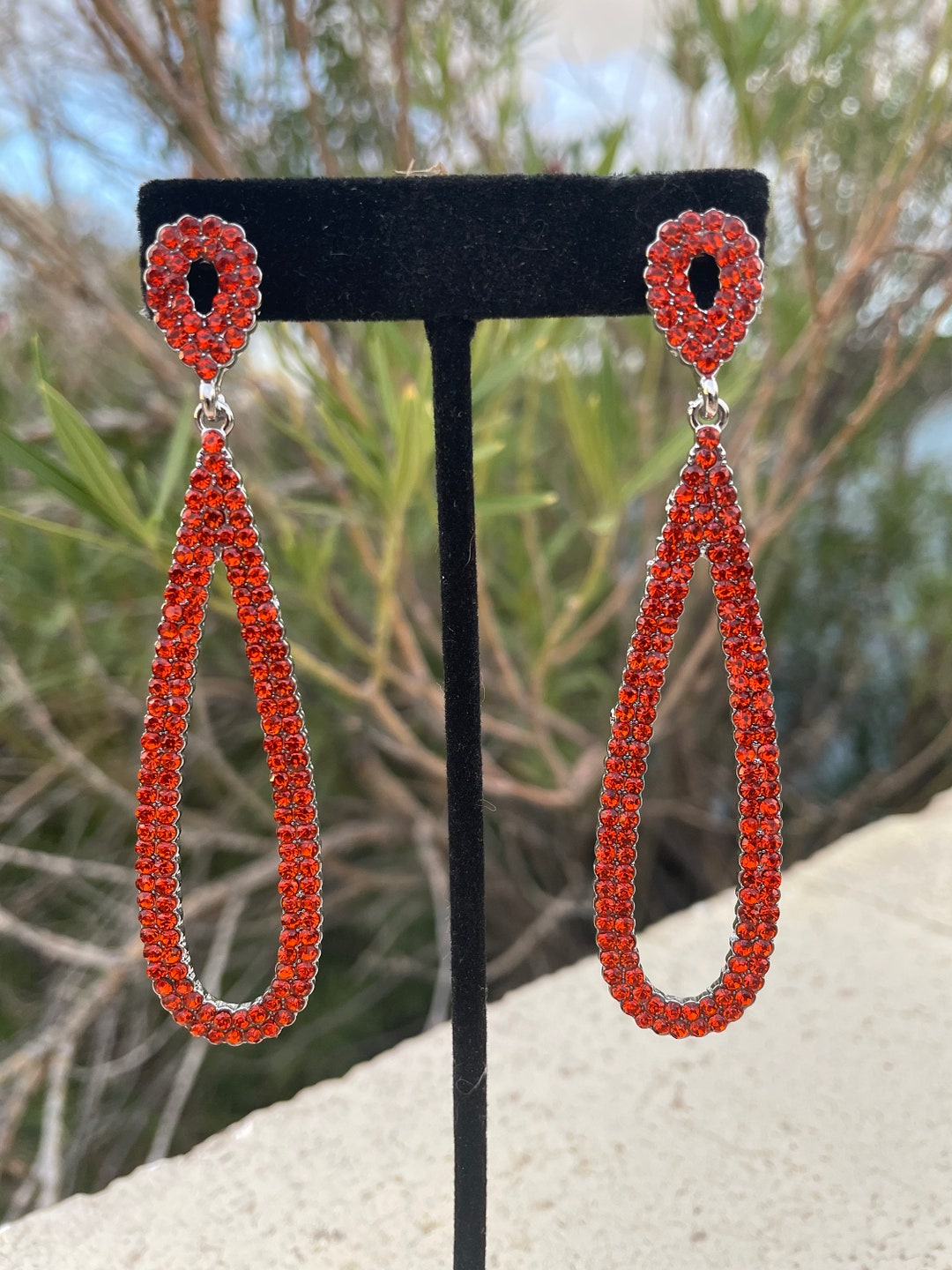 Orange Rhinestone Earrings, Long Orange Earrings, Orange Clip on