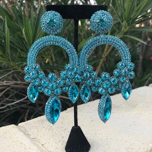 Aqua large earrings, aquamarine statement earrings, teal earrings, aqua  blue long pageant earrings, aqua oversized earrings