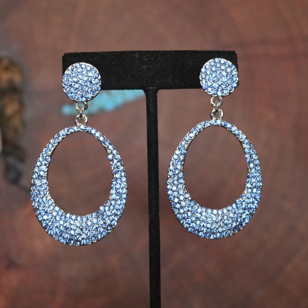 blue hoop earrings, light blue rhinestone earrings, baby blue earrings, periwinkle earrings, blue prom earrings, blue pageant earrings