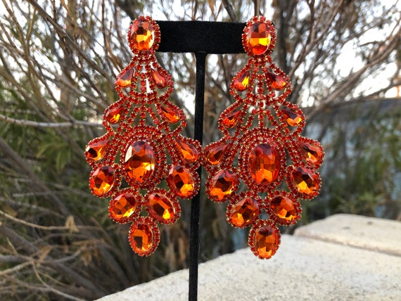 Orange Rhinestones Show Earrings 