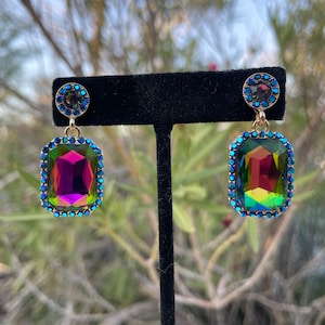 Blue green ab earrings, vitrali rhinestone earrings, blue ab and vitrail rhinestone earrings