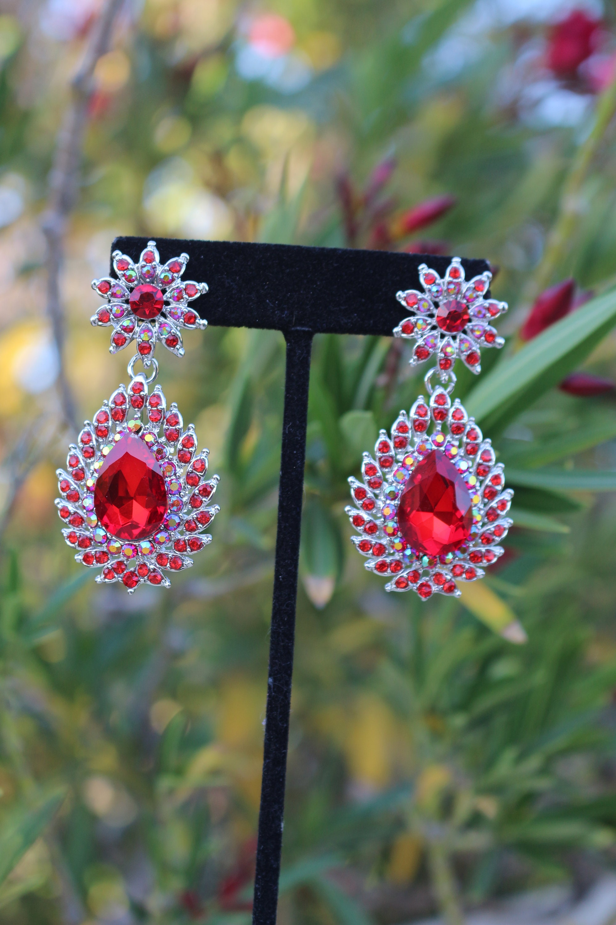 Red clip on earrings red dangle earrings red rhinestone Etsy