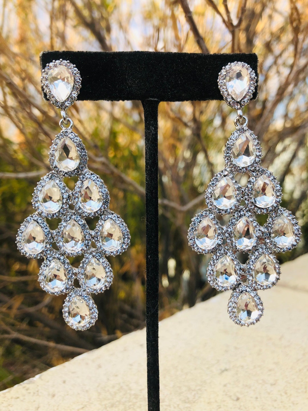 ピアス Long Crystal-embellished Earrings Oversized Rhinestone Earrings, Large Crystal Bridal Earrings