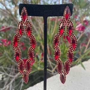 Deep red long earrings, garnet rhinestone earrings, red burgundy earrings