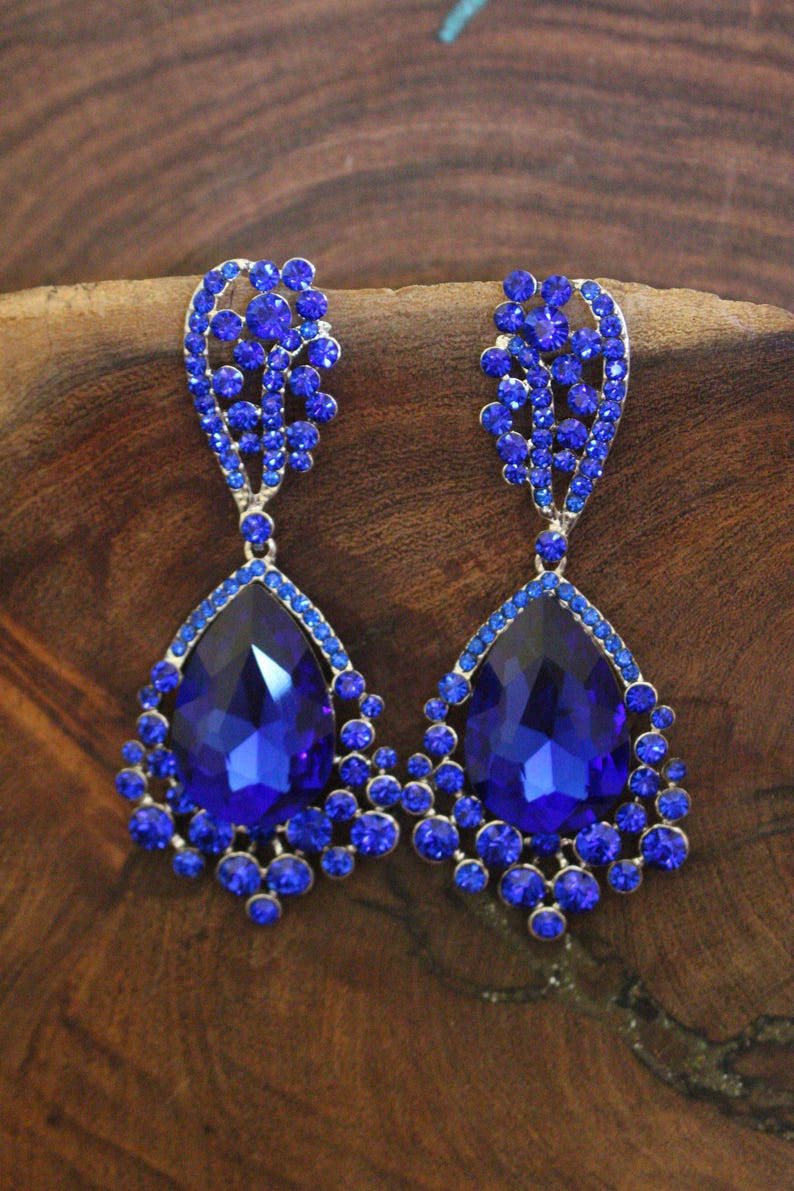 Blue Large Crystal Earrings Royal Blue Rhinestone Earrings Etsy