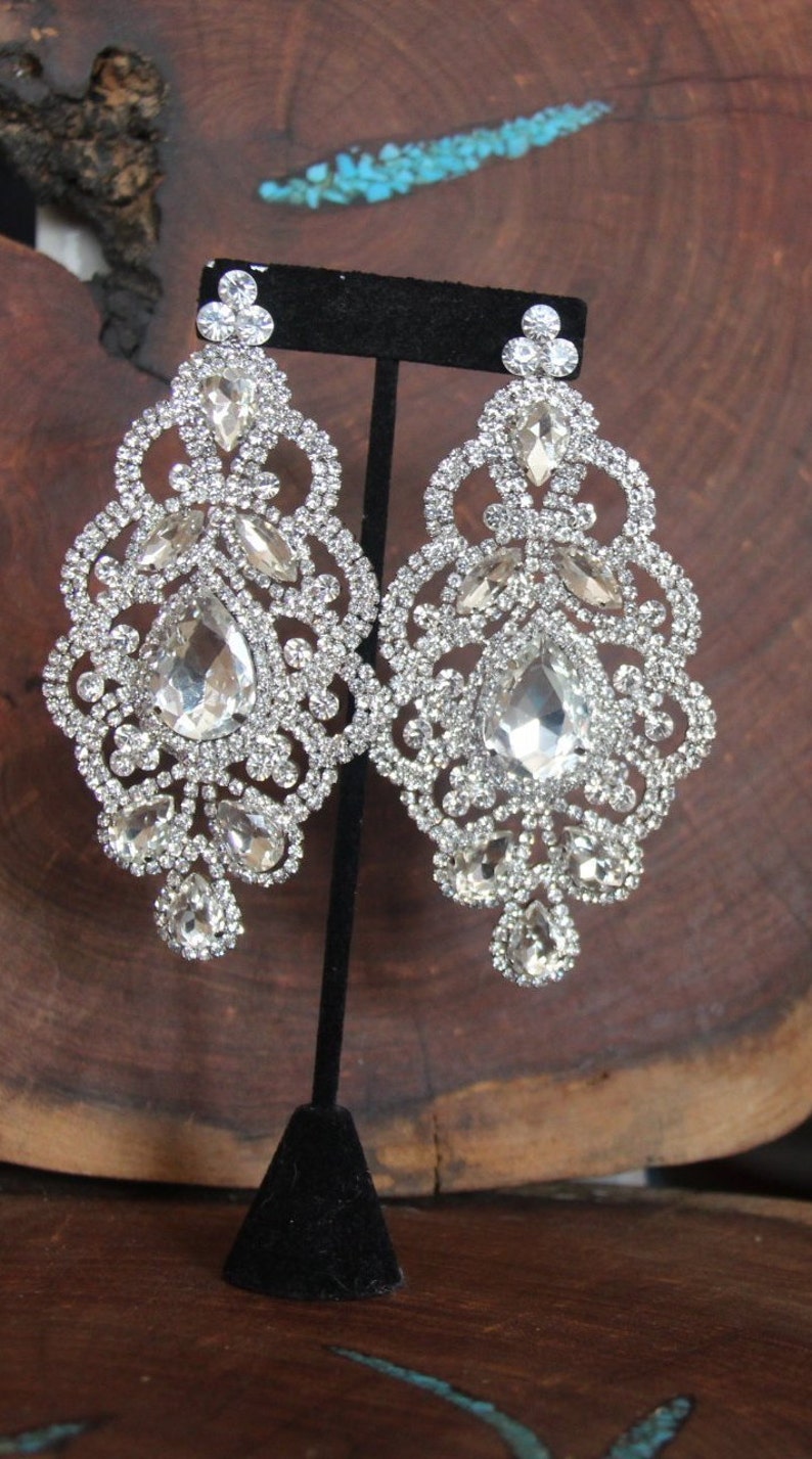 oversized crystal chandelier earrings, huge rhinestone earrings, statement clear crystal earrings, large rhinestone pageant earrings Silver Base Metal