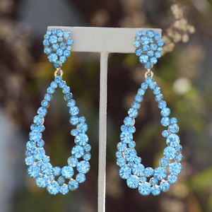 extra large teal rhinestone earrings, extra large aqua blue pageant earrings, extra large hoop teal/aqua prom earrings