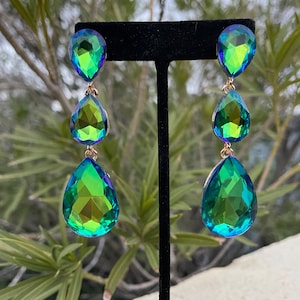 Neon green earrings, green iridescent crystal earrings