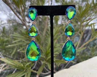 Neon green earrings, green iridescent crystal earrings