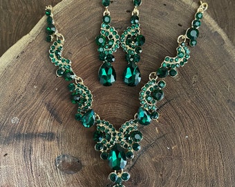 Emerald rhinestone necklace and earrings set, emerald green bridal necklace set, emerald rhinestone ballroom necklace and earrings set