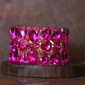 fuchsia wide bracelet, fuchsia prom bracelet, large crystal fuschia bracelet, hot pink wide pageant bracelet, hot pink bangle
