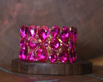 fuchsia wide bracelet, fuchsia prom bracelet, large crystal fuschia bracelet, hot pink wide pageant bracelet, hot pink bangle