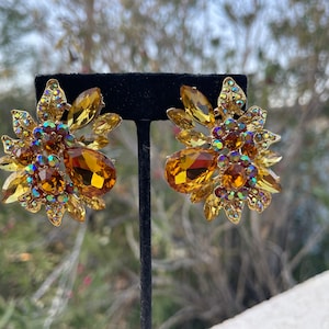 yellow clip on earrings, large stud yellow earrings