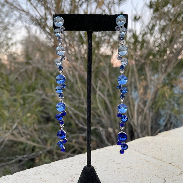 Blue ombré long rhinestone earrings, blue mix prom earrings