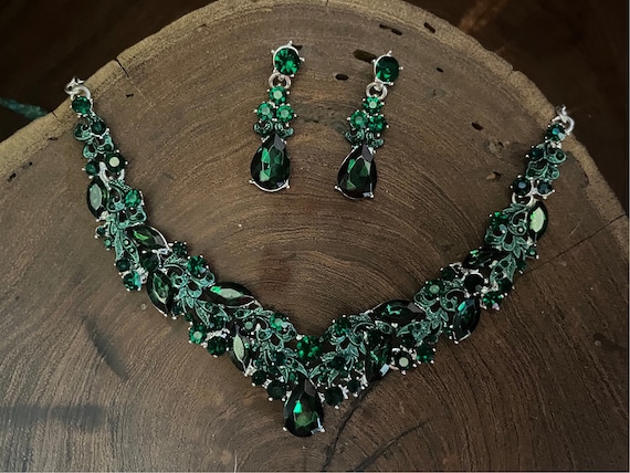 Set di collana e orecchini da sposa verde smeraldo, set di collana