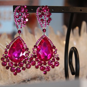 pink large crystal rhinestone earrings, fuschia chunky prom earrings, hot pink large pageant earrings, clip on rhinestone earrings