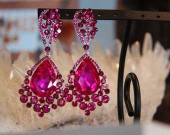 pink large crystal rhinestone earrings, fuschia chunky prom earrings, hot pink large pageant earrings, clip on rhinestone earrings