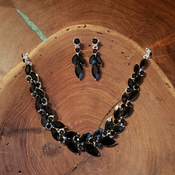 Black rhinestone necklace and earrings set, black evening necklace, black crystal necklace