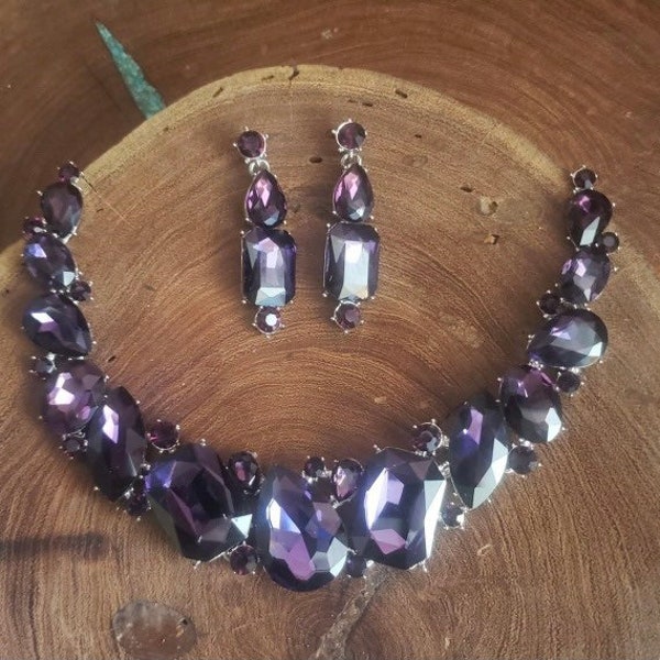 Purple amethyst rhinestone necklace set