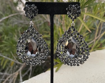 Black diamond chunky earrings, gray rhinestone earrings, grey pageant earrings