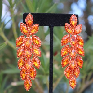 Orange dangle earrings, orange rhinestone earrings, orange pageant earrings, orange stage earrings, orange Halloween earrings