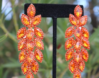 Orange dangle earrings, orange rhinestone earrings, orange pageant earrings, orange stage earrings, orange Halloween earrings