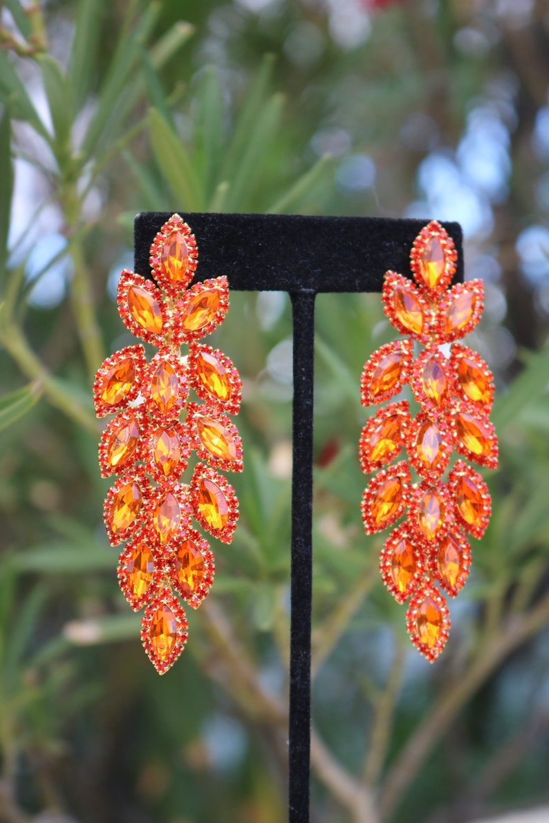 Orange dangle earrings, orange rhinestone earrings, orange pageant earrings, orange stage earrings, orange Halloween earrings imagem 1