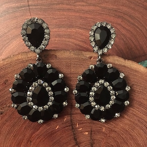 Black rhinestone earrings, black earrings, chunky clip on earrings, black prom earrings, large black pageant earrings