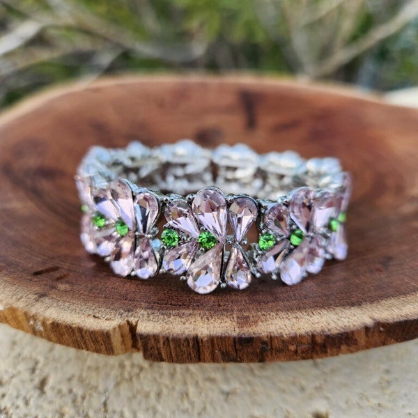 Pink and green rhinestone bracelet