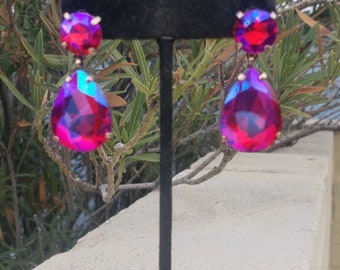 Fuchsia ab earrings, iridescent fuchsia crystal earrings