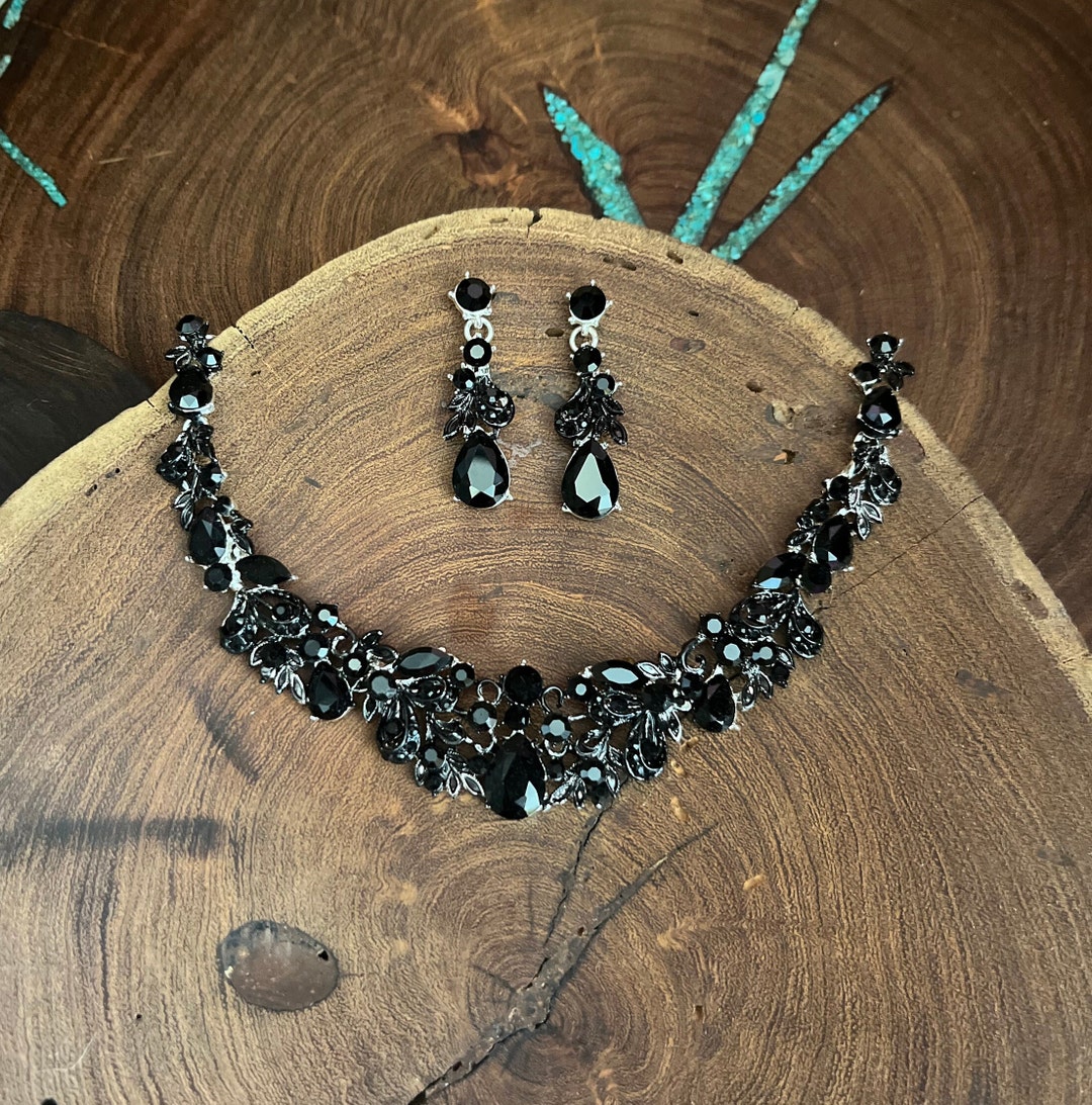 Black Rhinestone Earrings and Necklace Set Etsy