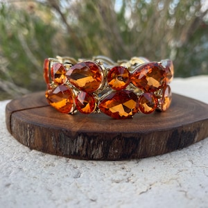 Orange bracelet, orange statement bracelet, wide orange rhinestone bracelet, orange dance bracelet