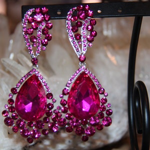 Pink Large Crystal Rhinestone Earrings Fuschia Chunky Prom - Etsy