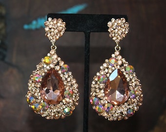 pendientes de oro rosa, pendientes de diamantes de imitación de oro rosa, pendientes de melocotón grueso, pendientes anchos de oro rosa,