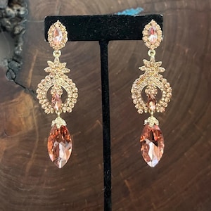 rose gold rhinestone dangle earrings, peach crystal earrings