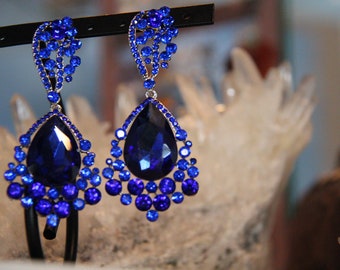 blue large crystal earrings, royal blue rhinestone earrings, prom earrings, pageant earrings, sapphire earrings