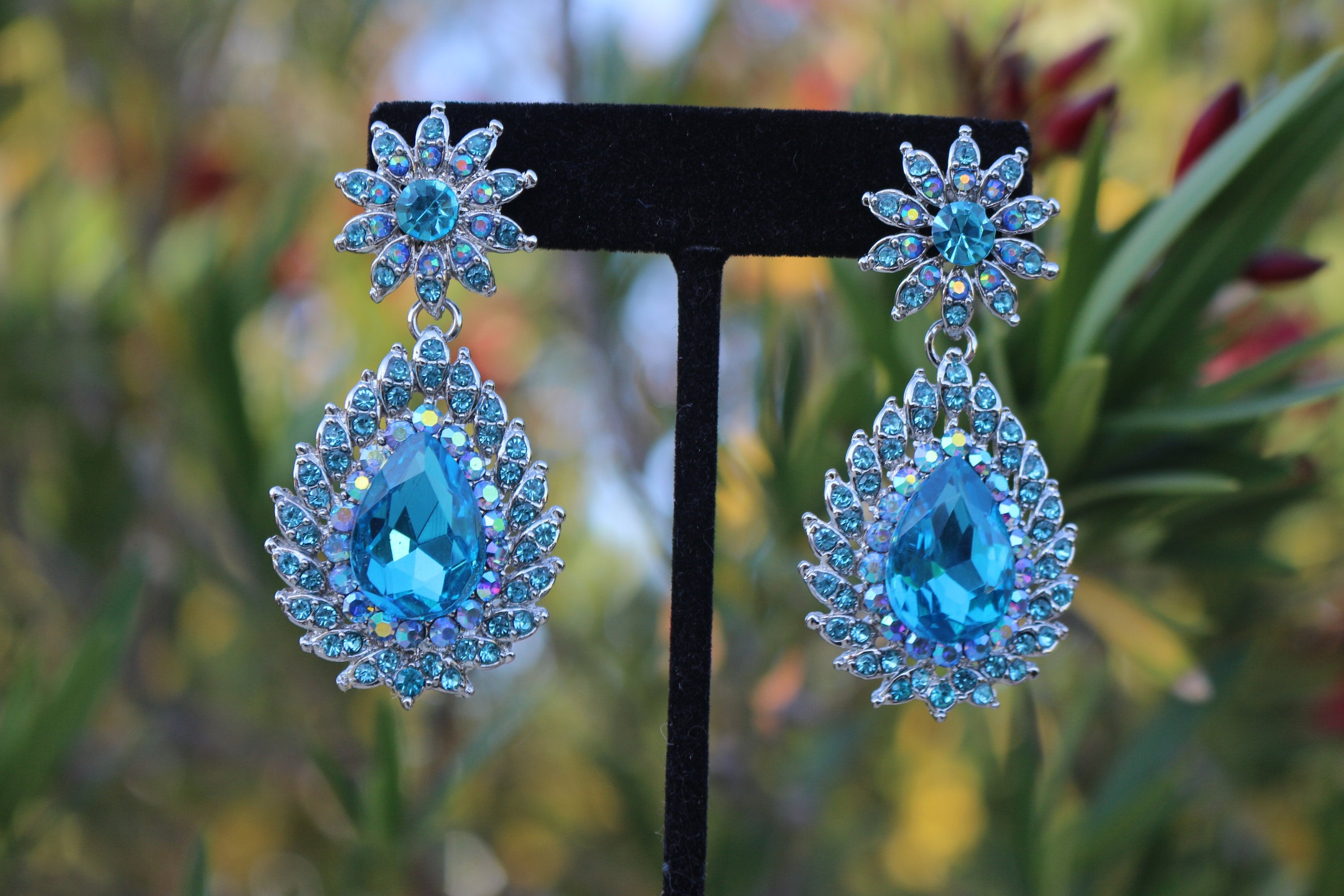 Aqua Clip on Earrings Aqua Blue Prom Earrings Aquamarine Rhinestone Earrings Light Blue Clip on Earrings Aqua Pageant Earrings Etsy