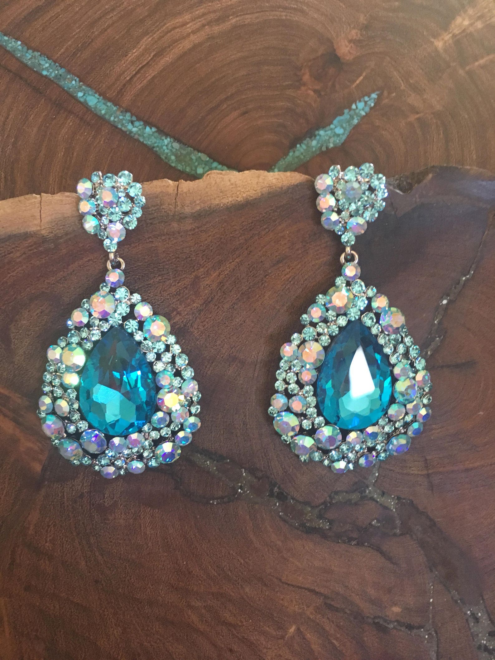 Teal Blue Rhinestone Earrings Teal/aqua Blue Prom Earrings - Etsy