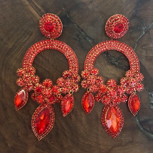 Large red chandelier earrings, oversized red crystal earrings, red chunky earrings