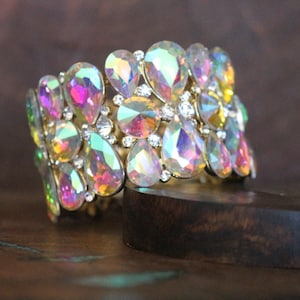 ab bracelet, wide iridescent bracelet, ab crystal large bracelet, fitness competition bracelet, large pageant bracelet aurora borealis