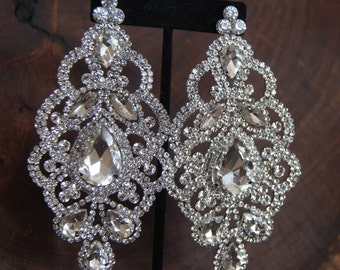 oversized crystal chandelier earrings, huge rhinestone earrings, statement clear crystal earrings, large rhinestone pageant earrings