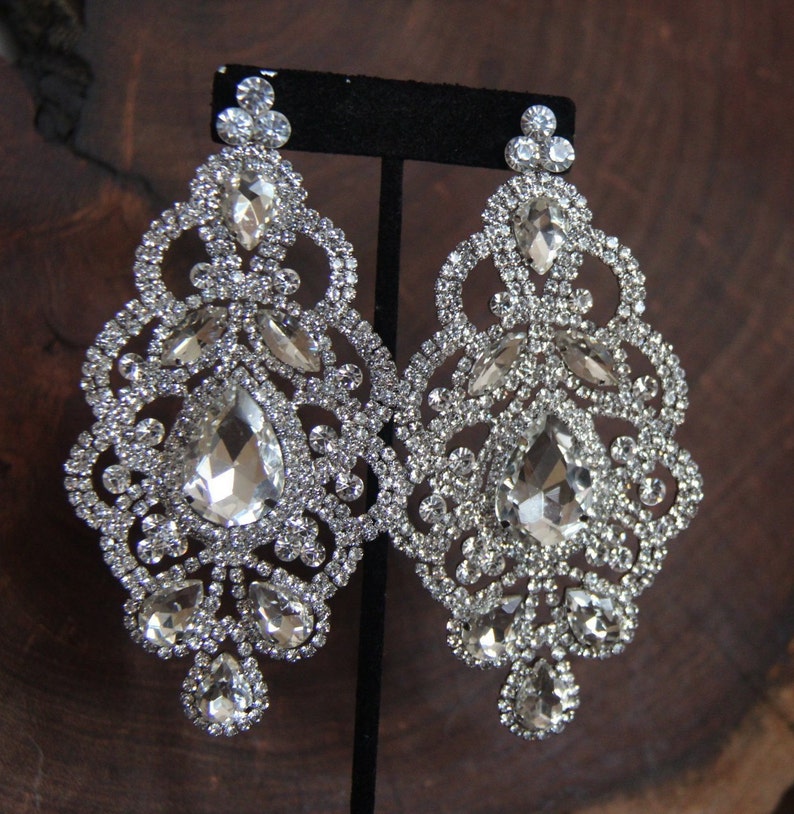 oversized crystal chandelier earrings, huge rhinestone earrings, statement clear crystal earrings, large rhinestone pageant earrings image 1