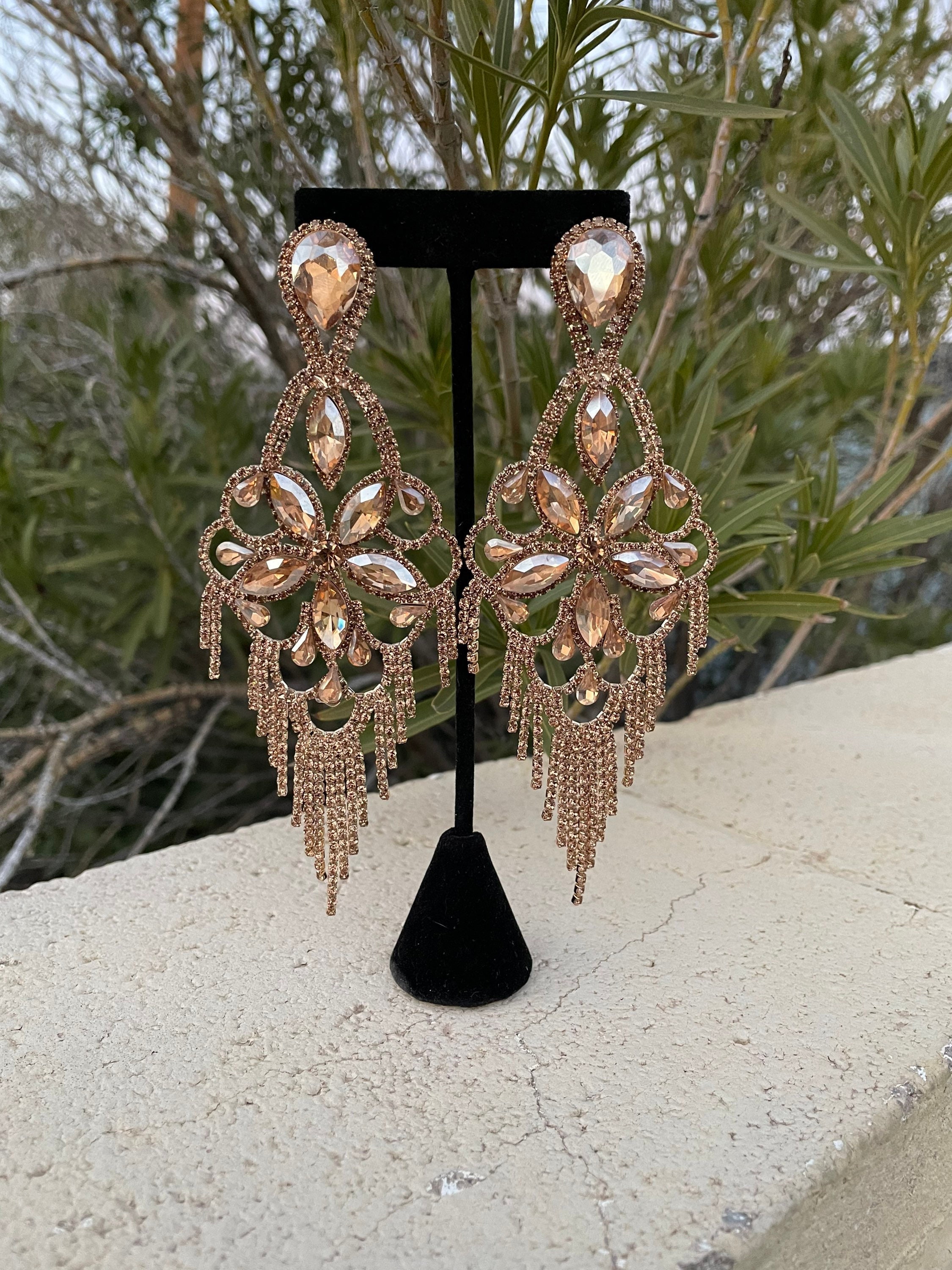 Gold large chandelier earrings, gold rhinestone extra large earrings, gold pageant earrings