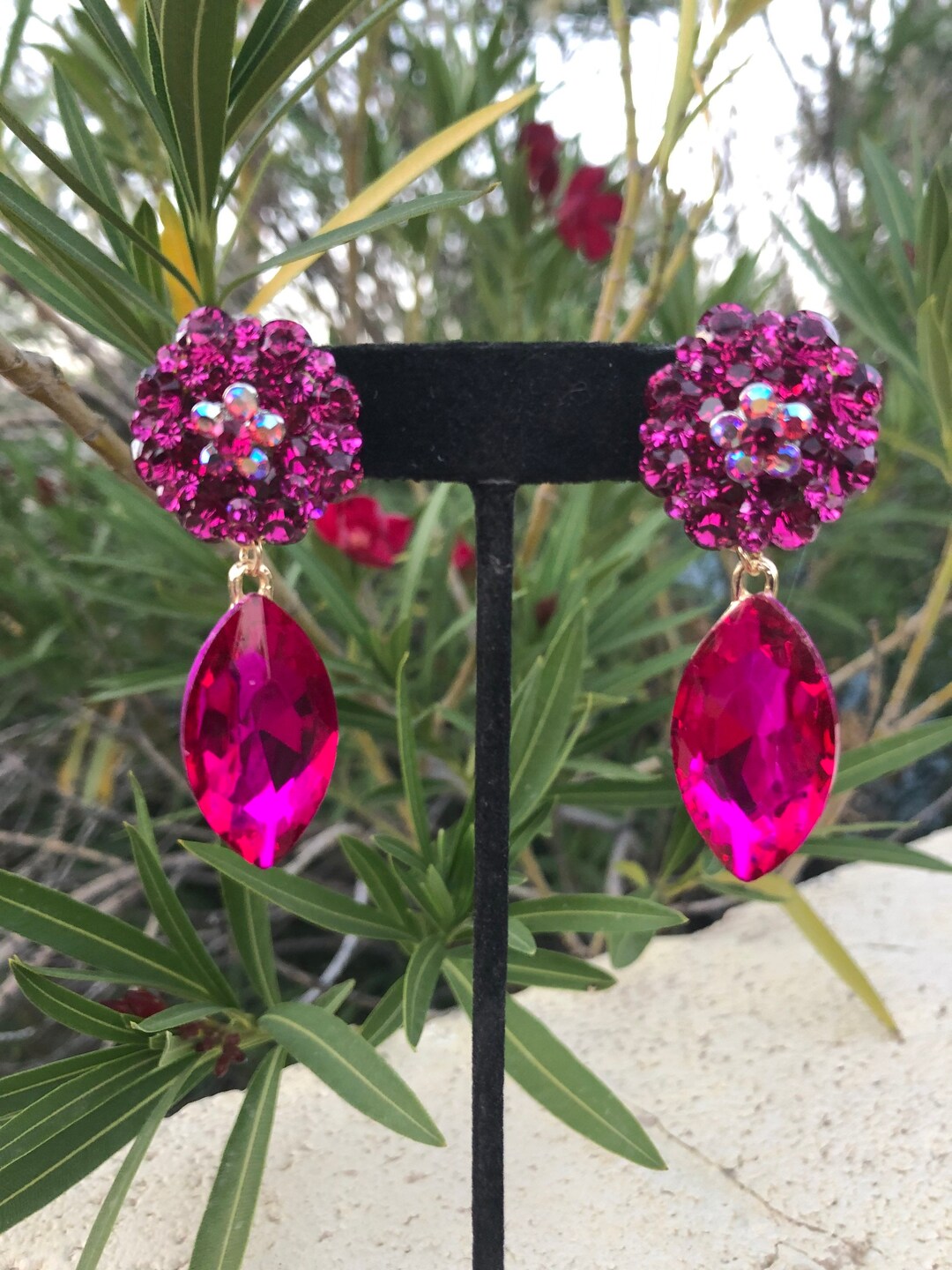Fuchsia Dangle Earrings, Fuchsia Ab Rhinestone Earrings, Fuchsia Dance