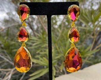 Orange pink rhinestone earrings, orange iridescent earrings