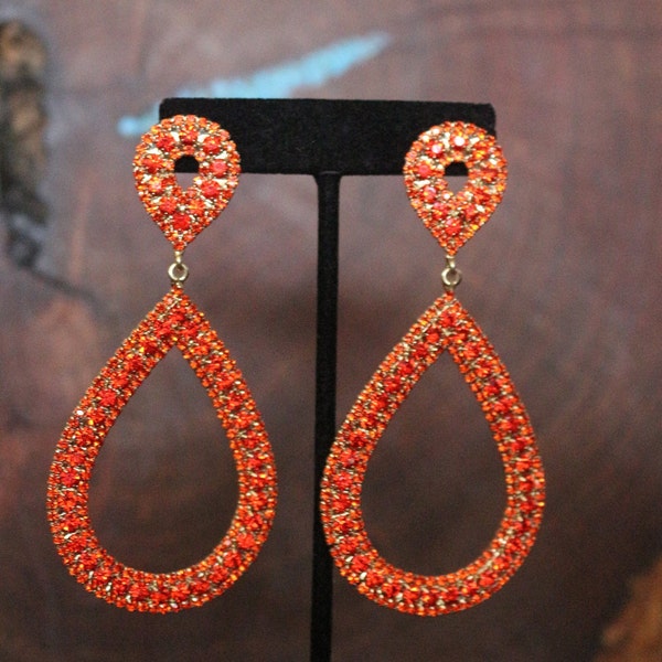 orange earrings, orange prom earrings, orange pageant earrings, orange rhinestone hoop earrings, orange hoops