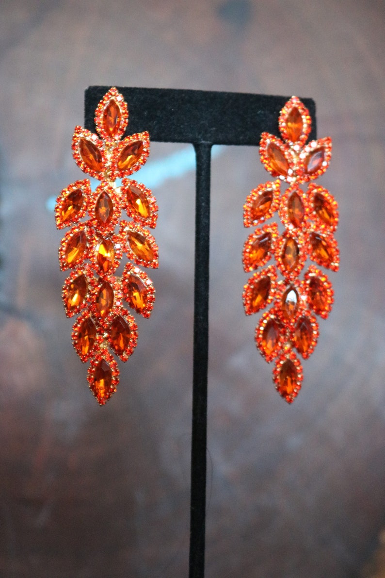 Orange dangle earrings, orange rhinestone earrings, orange pageant earrings, orange stage earrings, orange Halloween earrings imagem 3