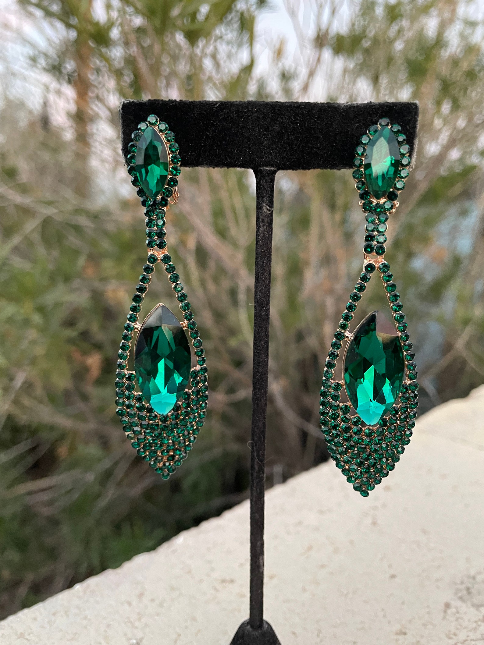 Emerald Long Clip on Earrings, Emerald Pageant Clip on Earrings Etsy